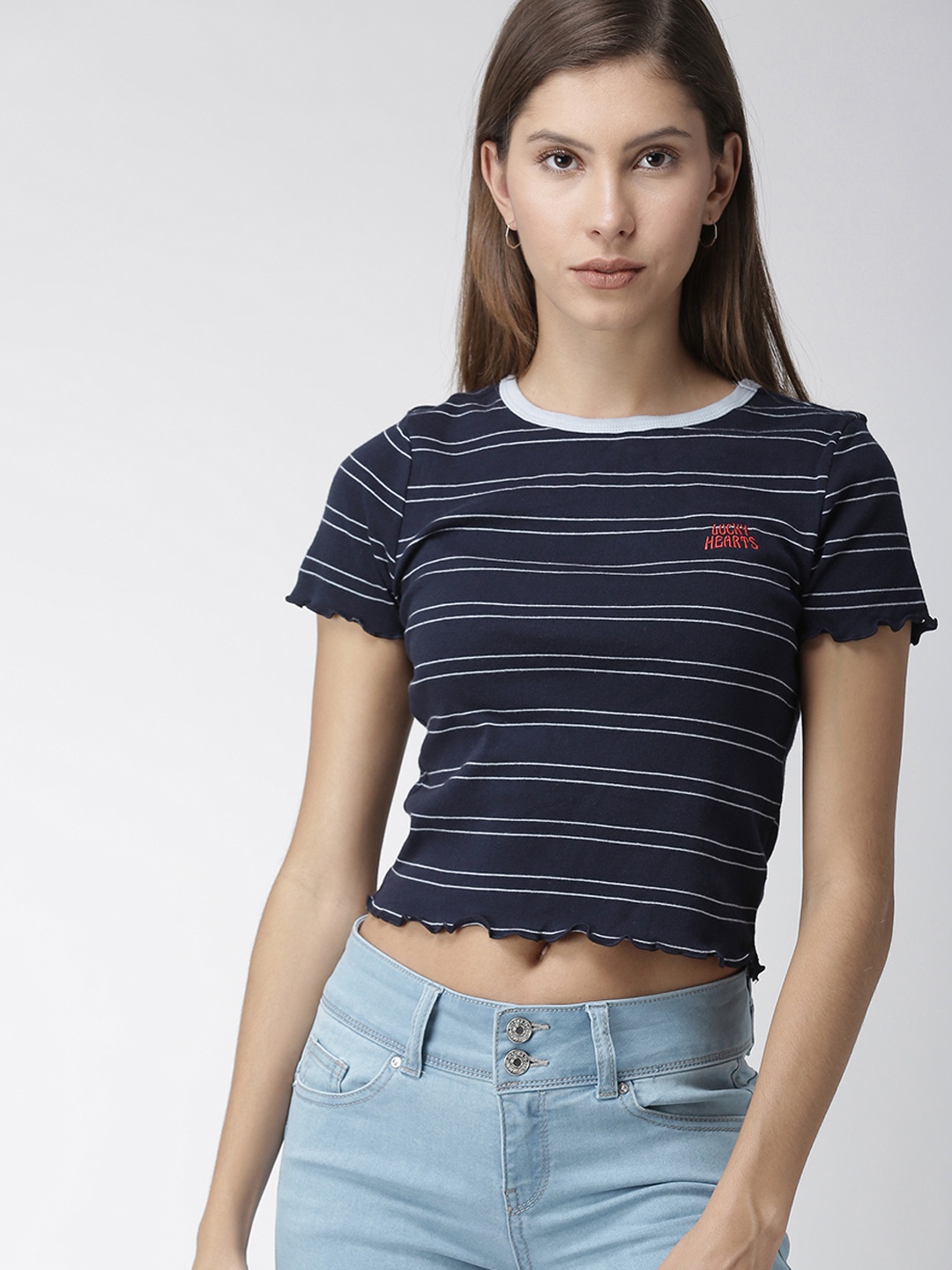 

FOREVER 21 Women Navy Blue Striped Round Neck Pure Cotton T-shirt