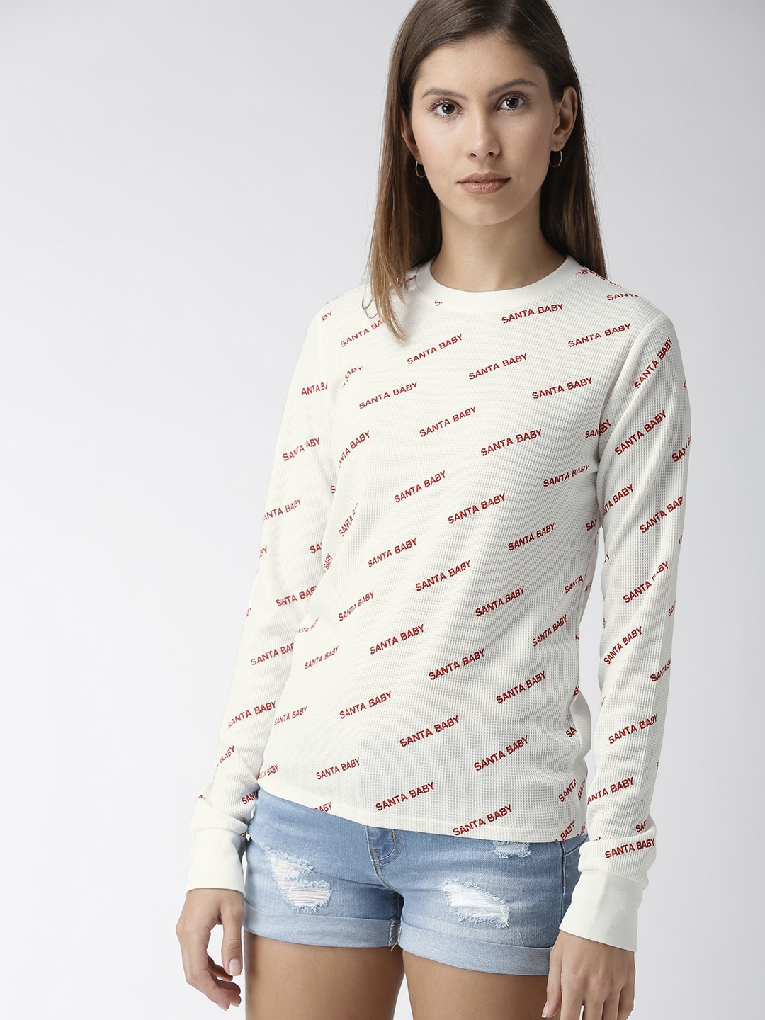 

FOREVER 21 Women White Printed Round Neck T-shirt