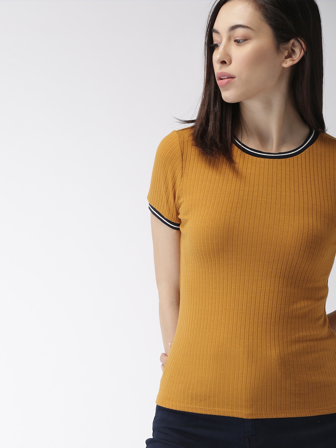 

FOREVER 21 Women Mustard Yellow Ribbed Slim Fit Round Neck T-shirt