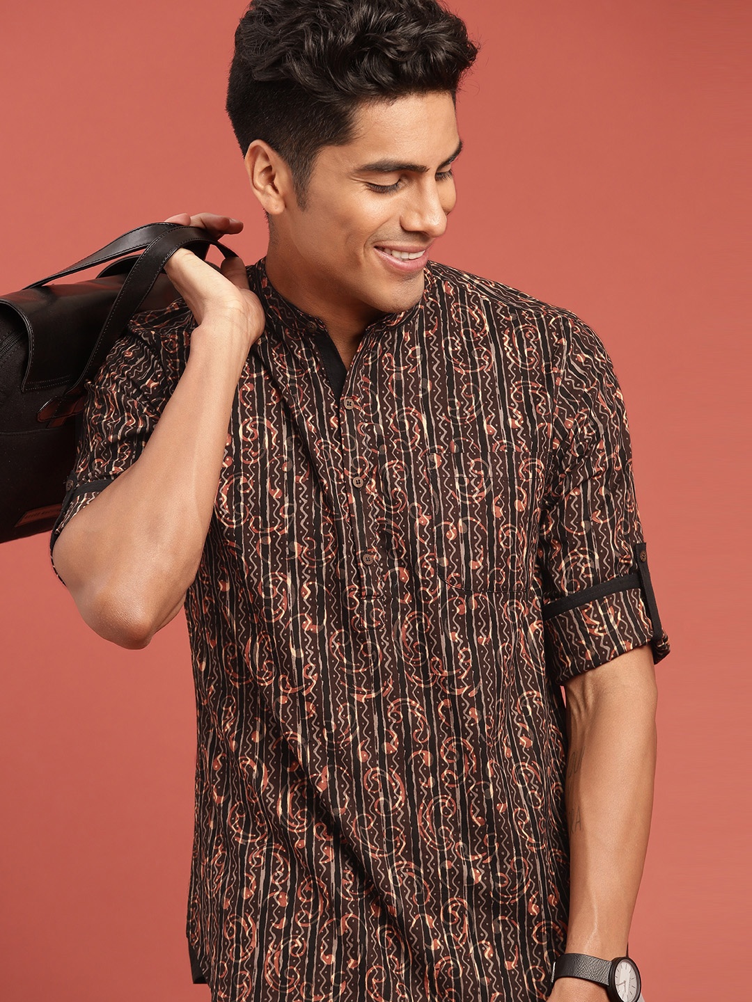 

Taavi Men Brown & Black Hand Block Print Legacy Straight Kurta with a Pocket