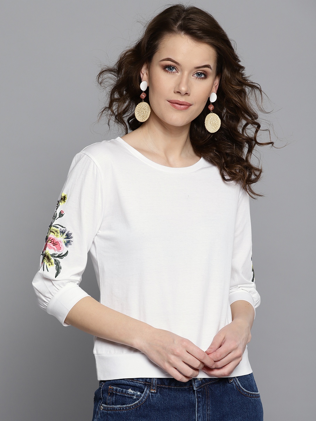 

Harpa Women White Solid Pure Cotton Top with Floral Embroidered Sleeves
