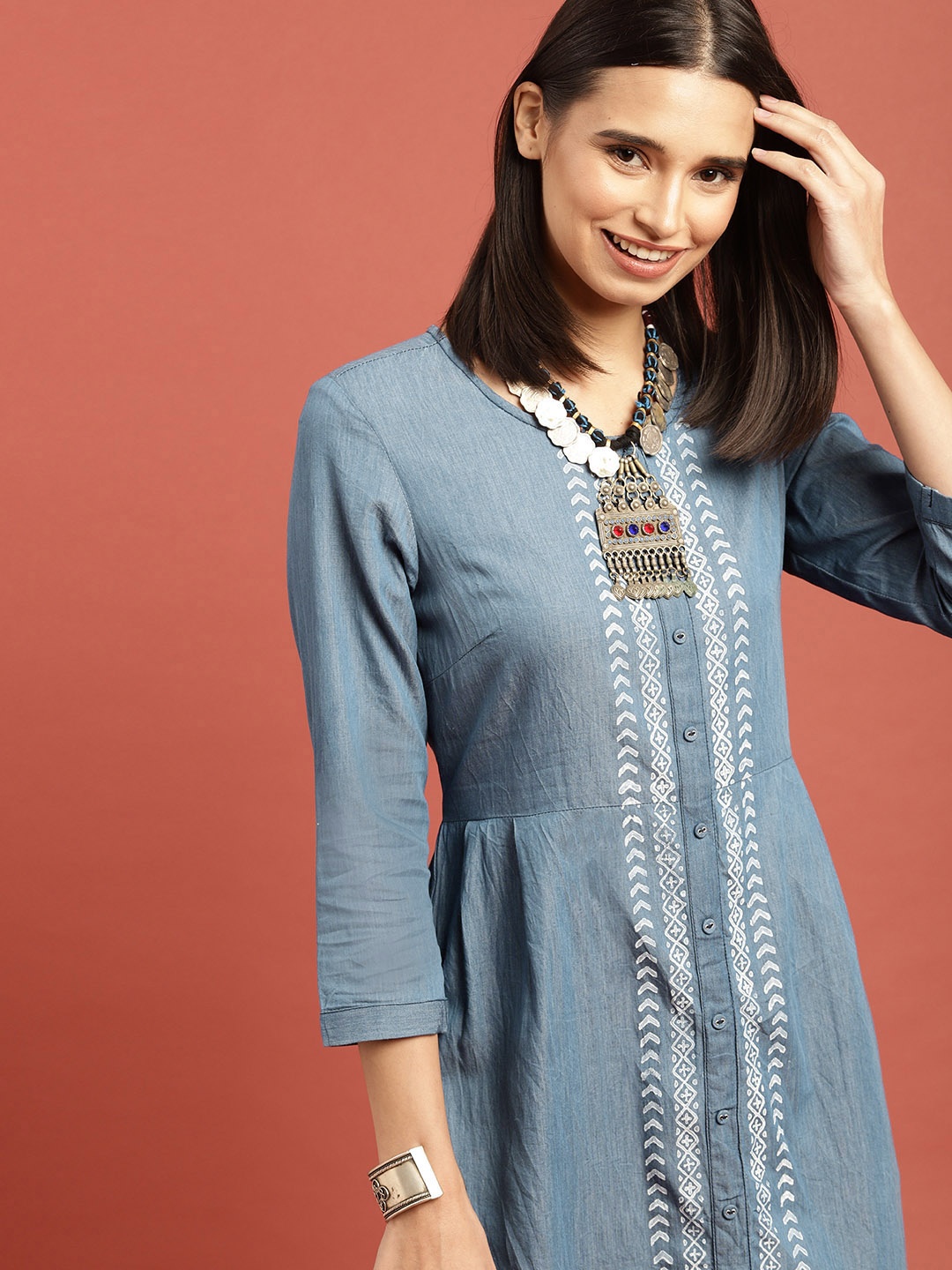 

Taavi Women Blue Hand Block Print Chambray A-Line Kurta with Button Placket & Pockets