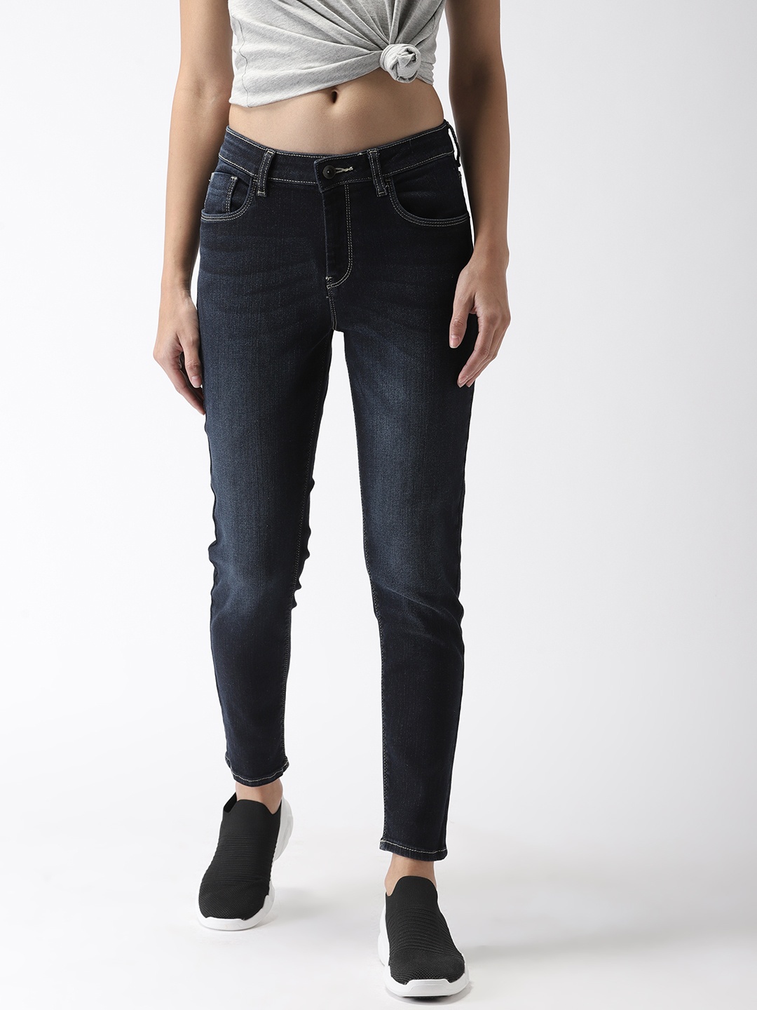 

Flying Machine Women Navy Blue Veronica Skinny Mid Clean Look Stretchable Cropped Jeans