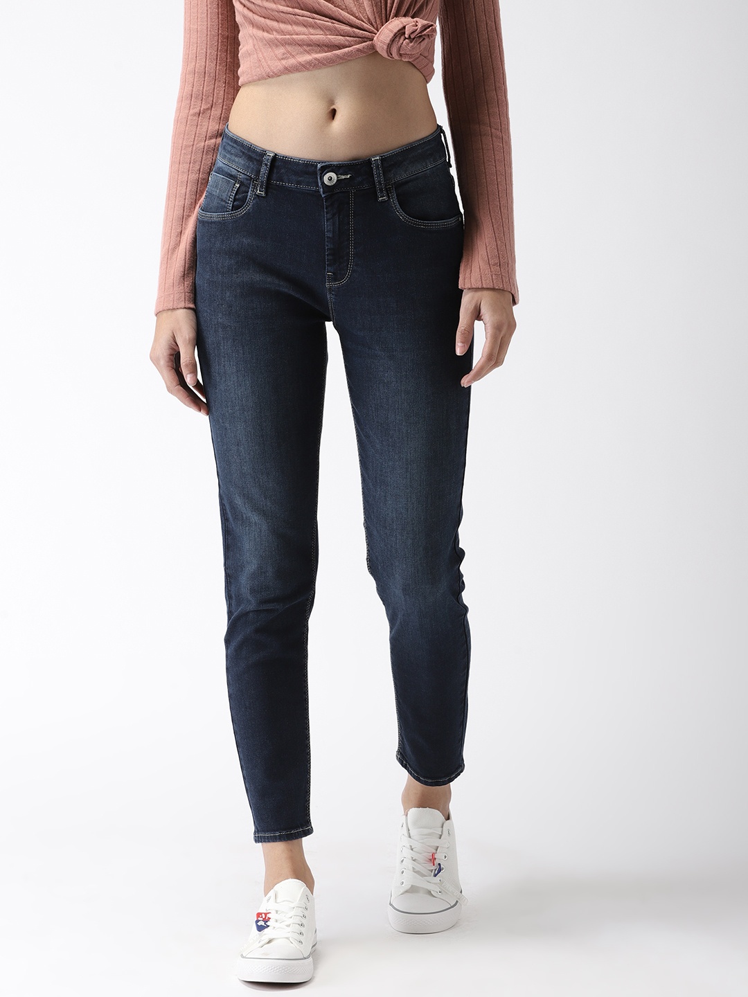 

Flying Machine Women Navy Blue Veronica Skinny Mid Clean Look Stretchable Cropped Jeans