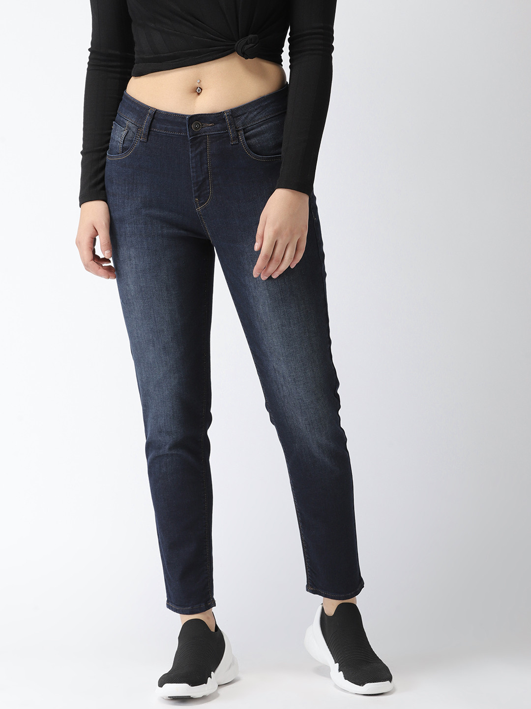 

Flying Machine Women Navy Blue Veronica Skinny Mid-Rise Clean Stretchable Cropped Jeans