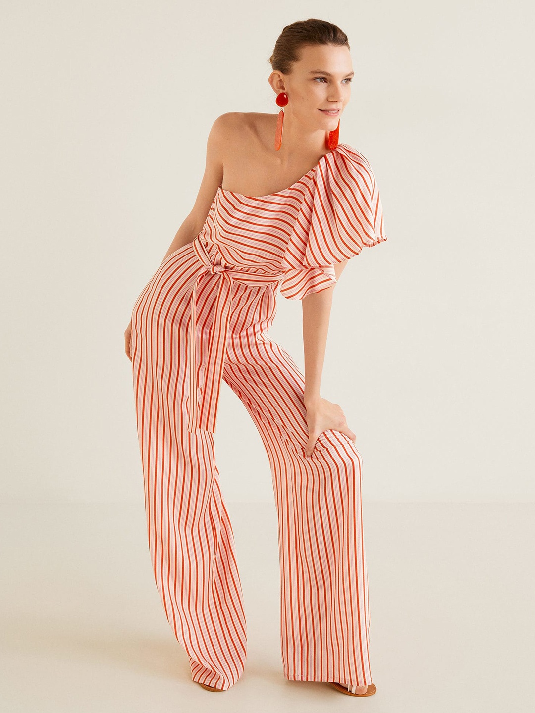 

MANGO Women Beige & Red One-Shoulder Striped Basic Jumpsuit