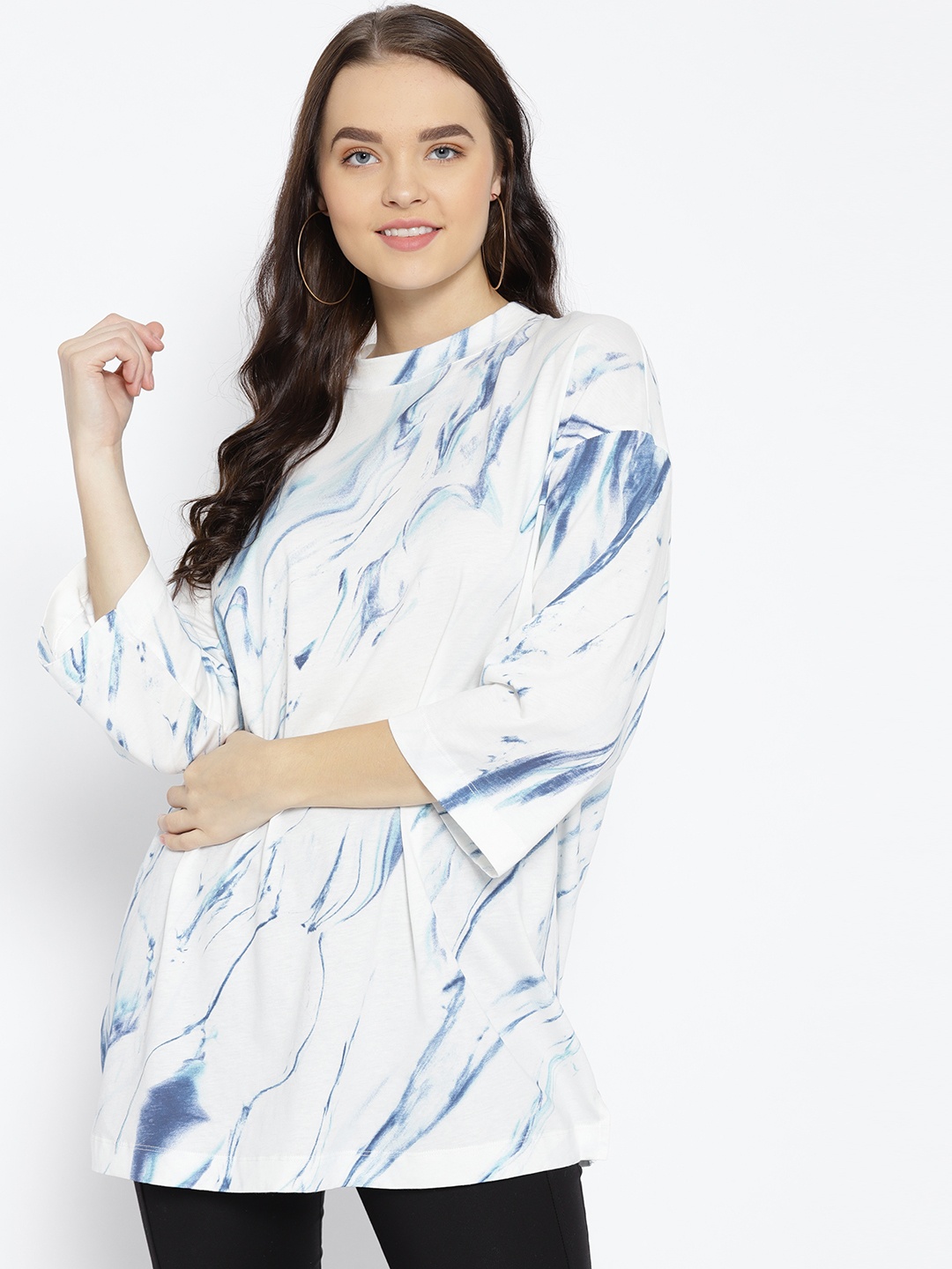 

MANGO Women White & Blue Printed Round Neck T-shirt