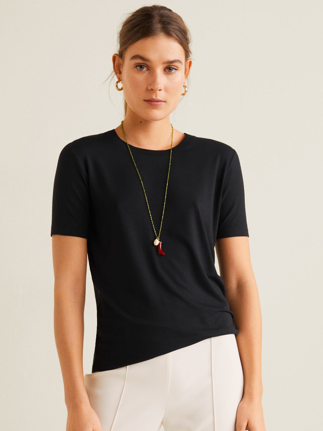 

MANGO Women Black Solid Round Neck T-shirt