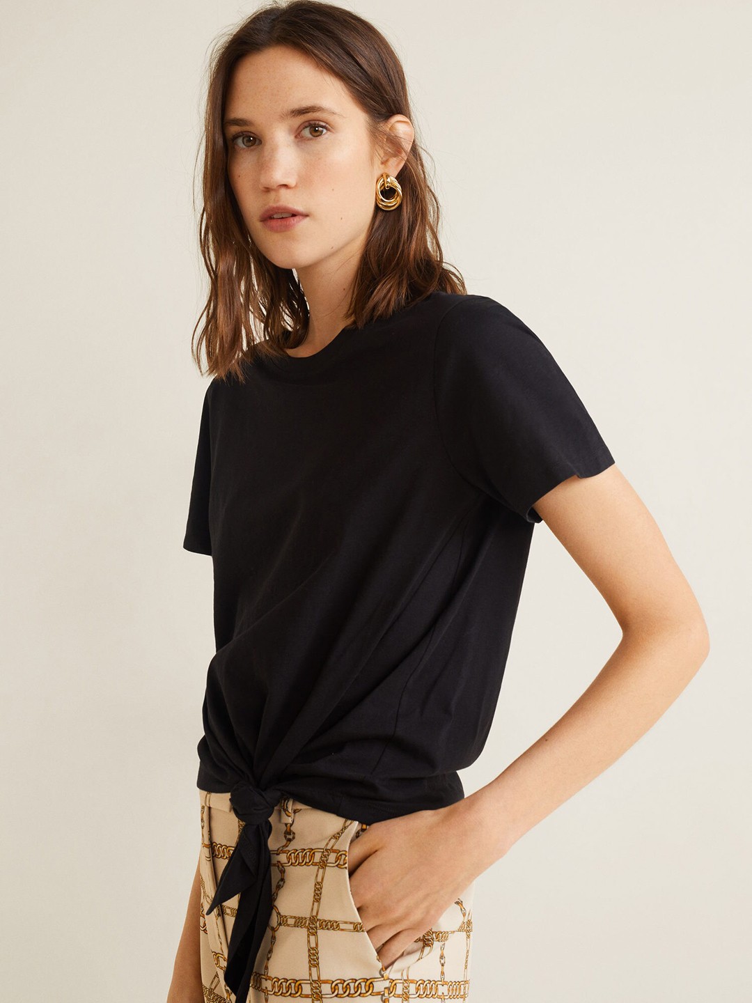 

MANGO Women Black Solid Round Neck Organic Cotton T-shirt