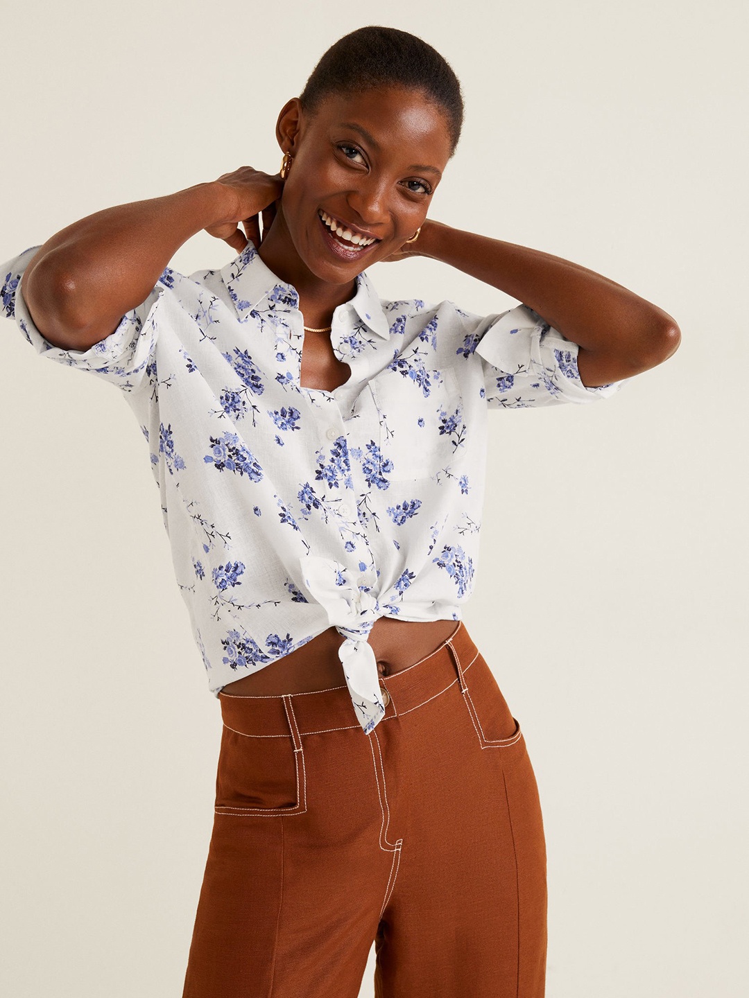 

MANGO Women White & Blue Floral Print Casual Shirt