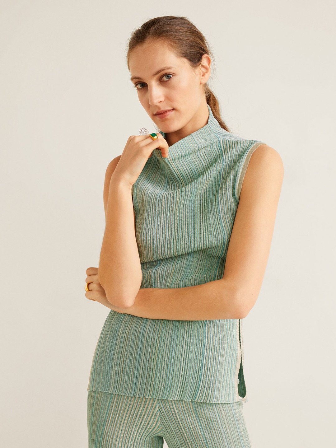 

MANGO Women Green Striped Top