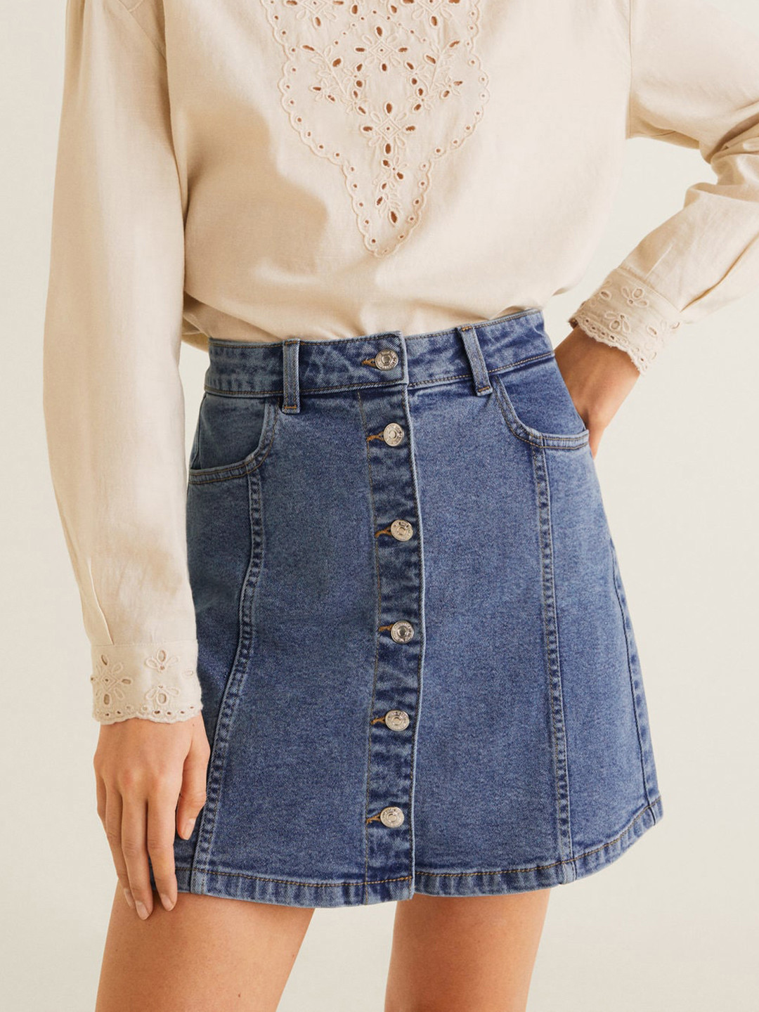 

MANGO Women Blue Solid Mini A-Line Denim Skirt