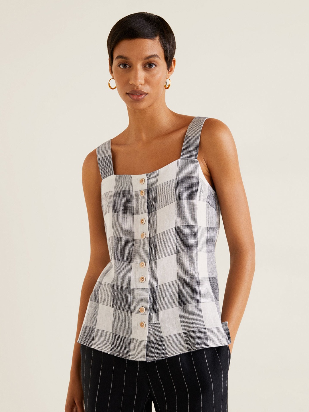 

MANGO Women White & Black Linen Checked Top