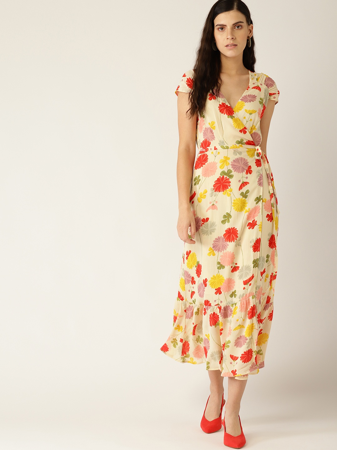 

MANGO Women Cream-Coloured & Red Floral Print Wrap Dress