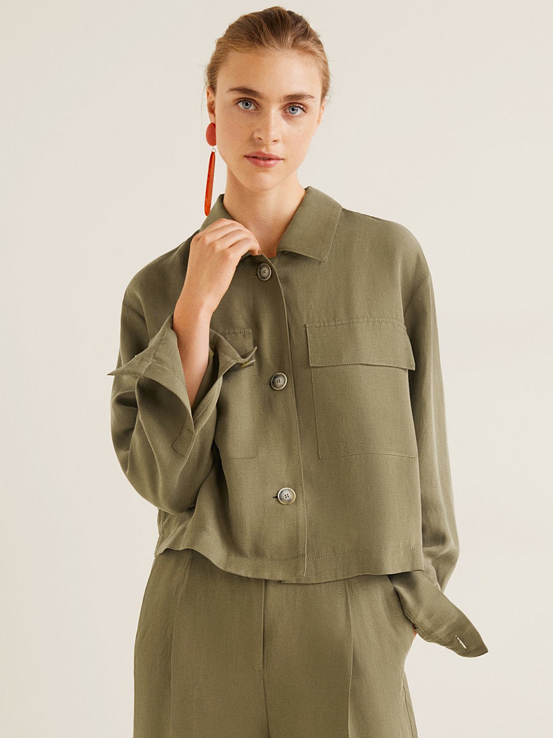 

MANGO Women Olive Green Solid Shacket