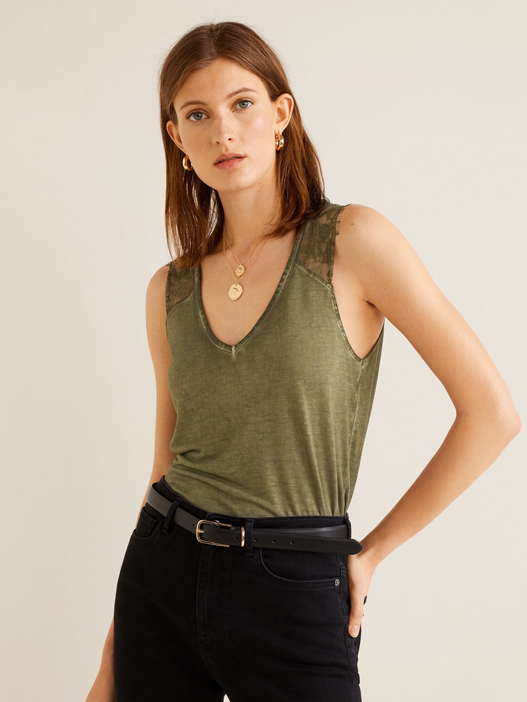 

MANGO Women Olive Green Solid Top