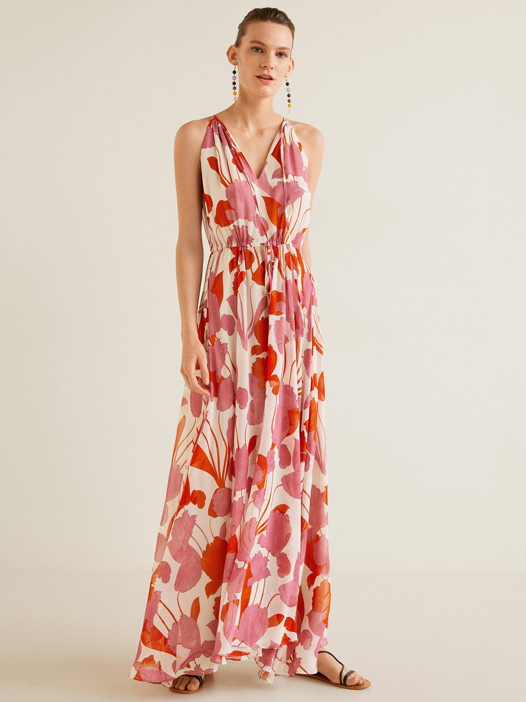 

MANGO Women Off-White & Pink Printed Maxi Dress