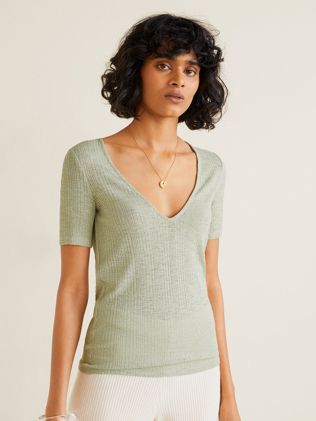 

MANGO Women Green Striped Top