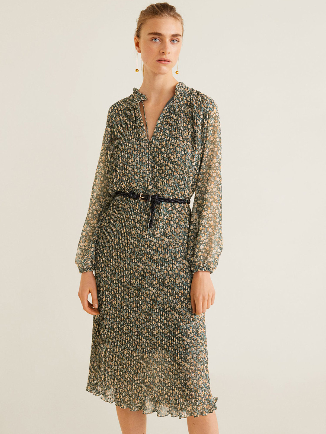 

MANGO Women Green Printed Accordion Pleat A-Line Dress