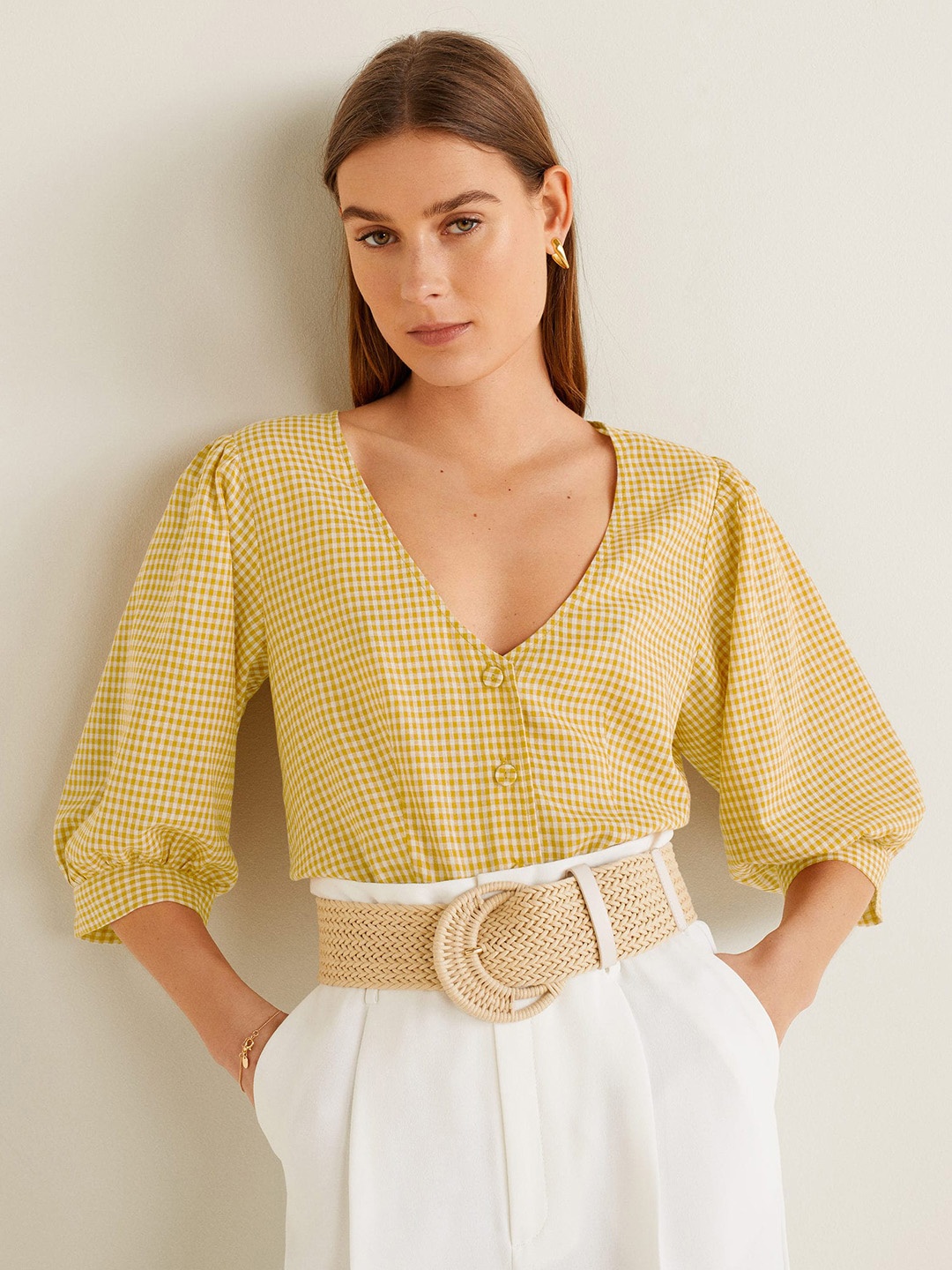

MANGO Women Mustard Yellow Checked Top, Beige