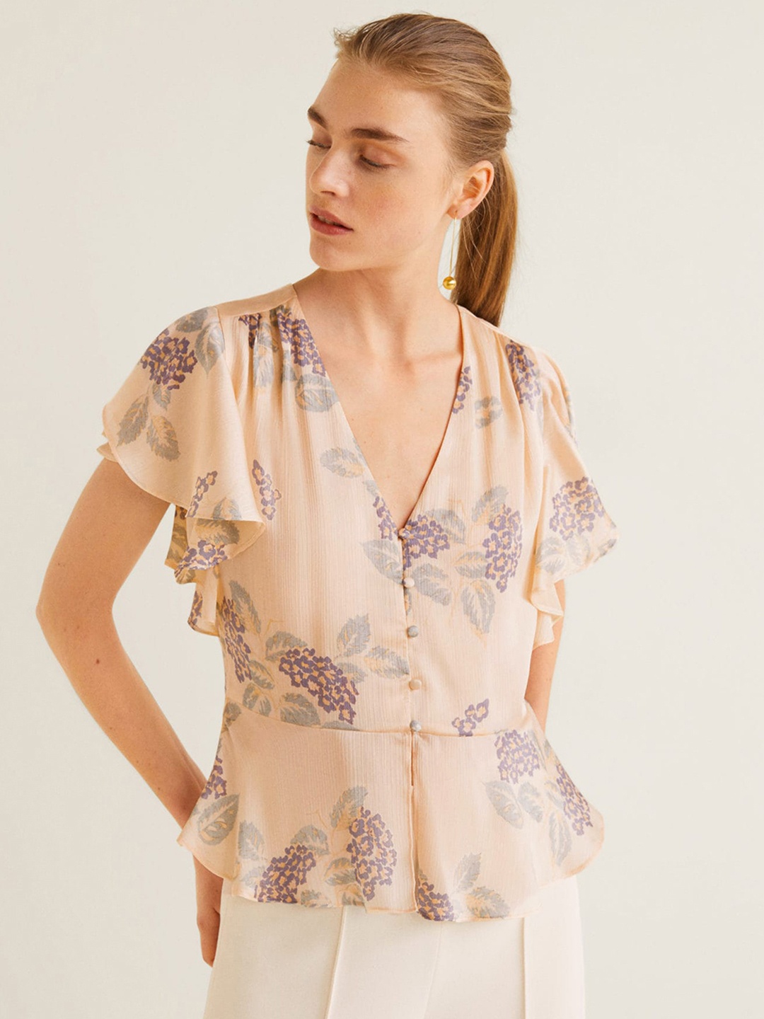 

MANGO Women Peach-Coloured Printed Top