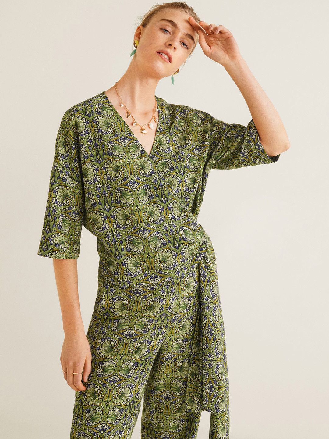 

MANGO Women Green Printed Wrap Top