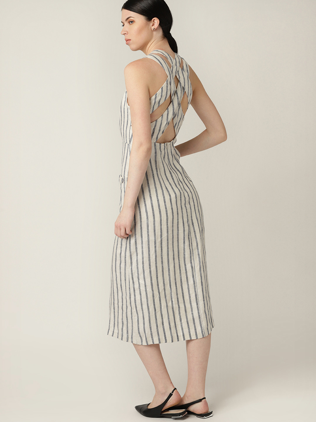 

MANGO Women Beige & Navy Blue Linen Striped A-Line Dress