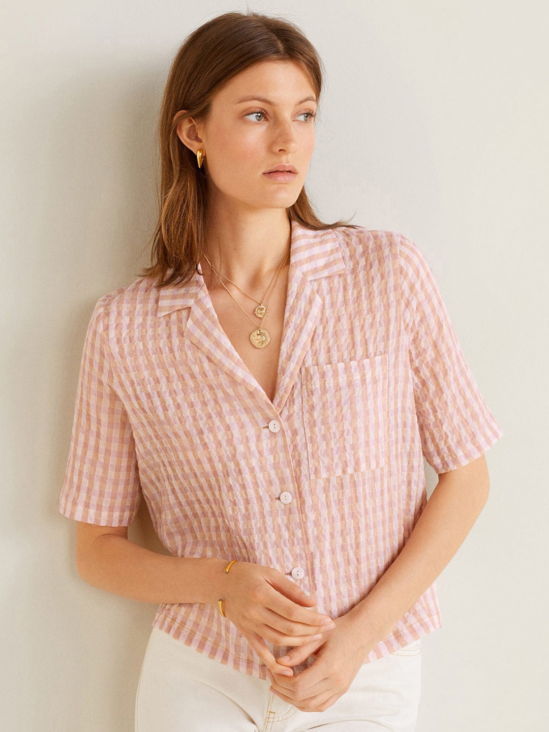 

MANGO Women Peach-Coloured & Pink Boxy Fit Checked Casual Shirt