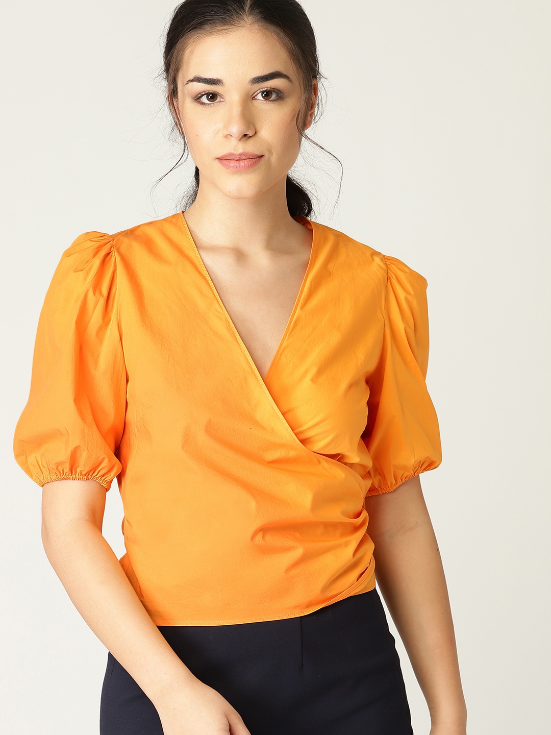 

MANGO Women Orange Solid Wrap Pure Cotton Top
