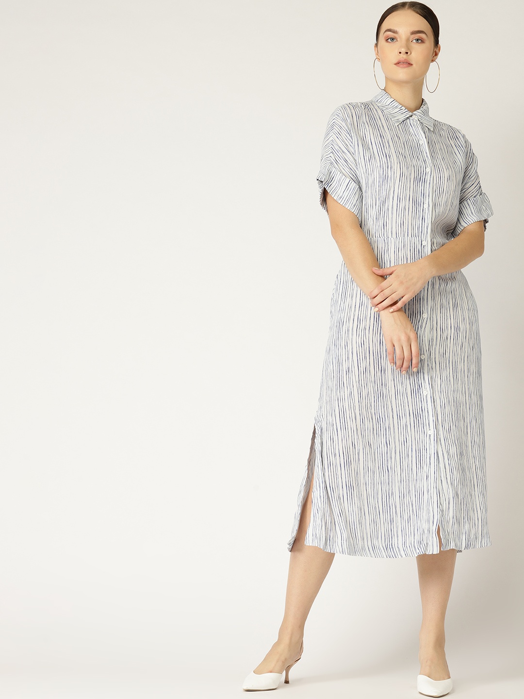 

MANGO Women White & Blue Striped Shirt Dress