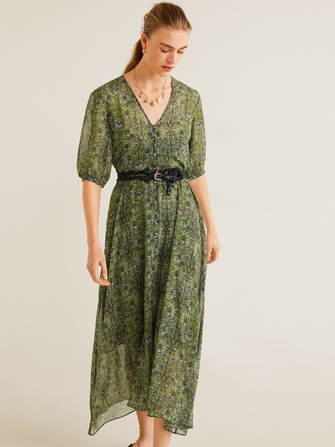 

MANGO Women Green Printed Midi A-Line Dress