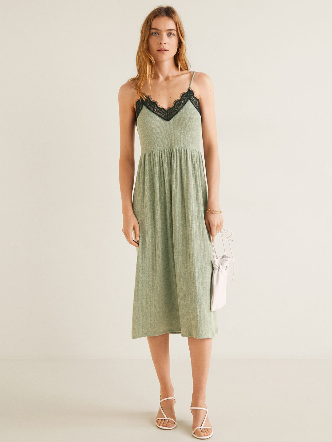 

MANGO Women Green Self Design A-Line Dress