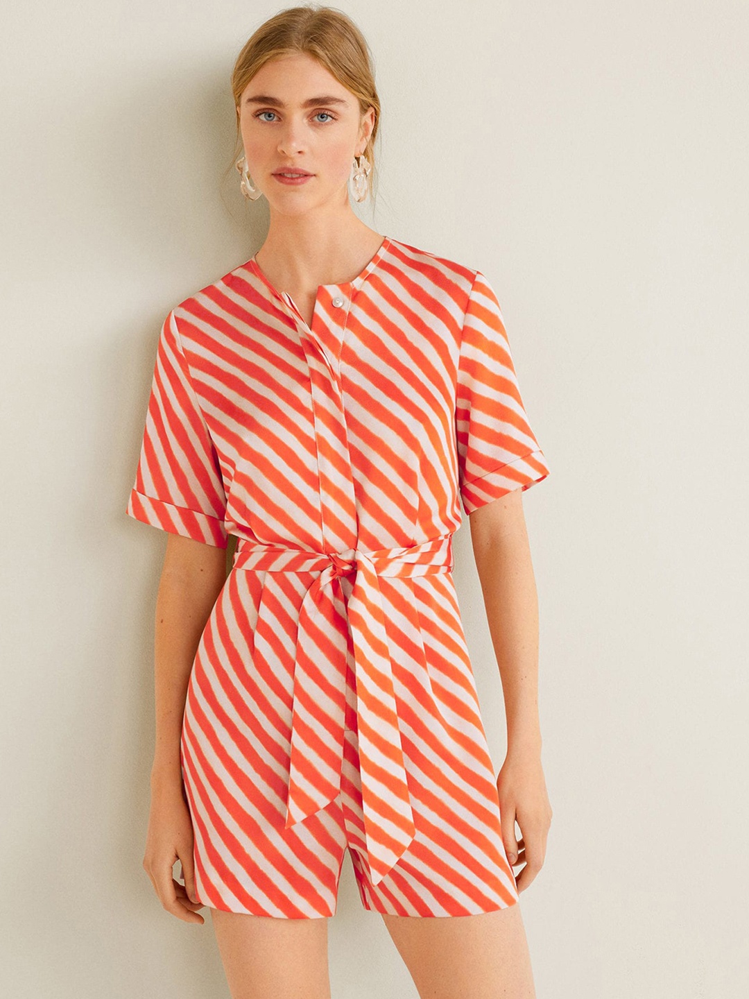 

MANGO Orange & Off-White Striped Playsuit