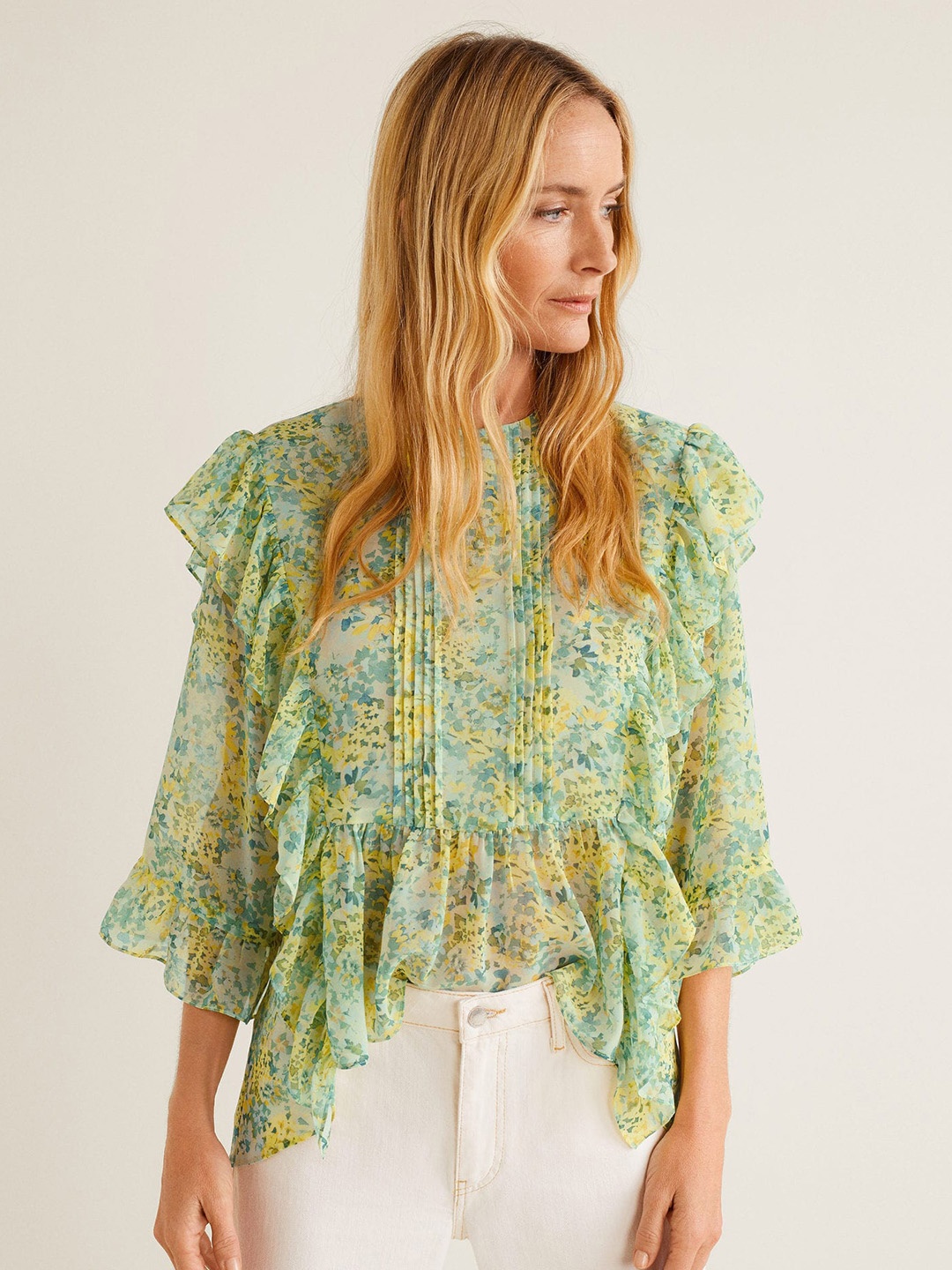 

MANGO Women Green Printed Styled Back Top