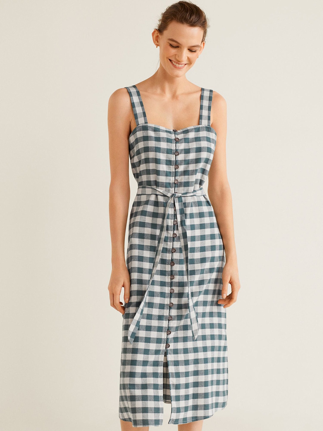 

MANGO Women Green & White Checked A-Line Dress