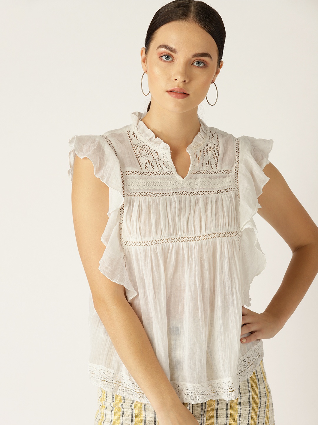 

MANGO Women Off-White Lace Detail Semi-Sheer Pure Cotton Top