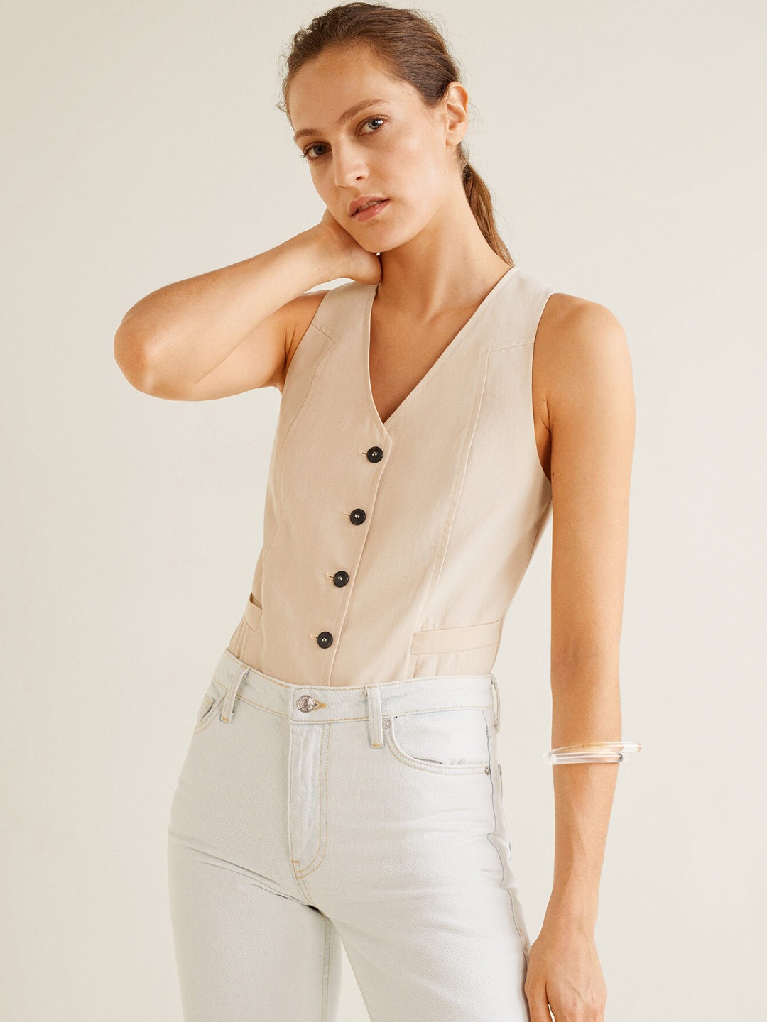 

MANGO Women Cream-Coloured Solid Pure Cotton Waistcoat