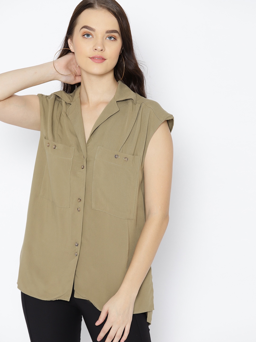 

MANGO Women Olive Green Regular Fit Solid Casual Shirt