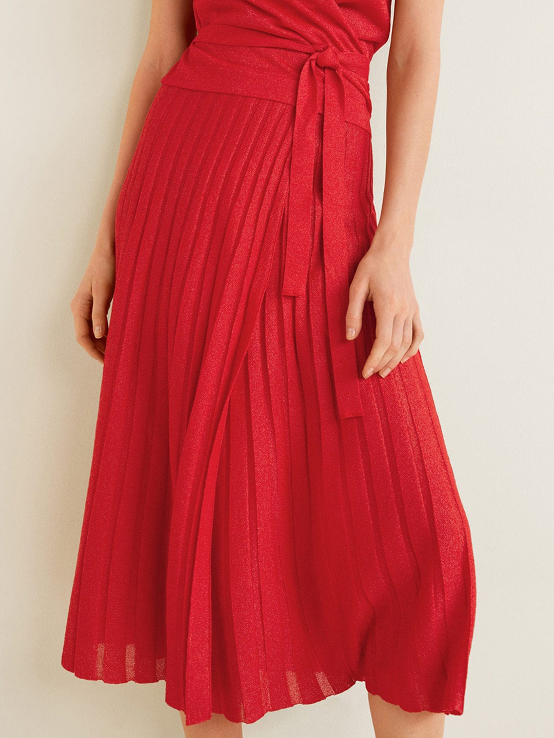 

MANGO Women Red Solid Self-Striped Wrap Skirt