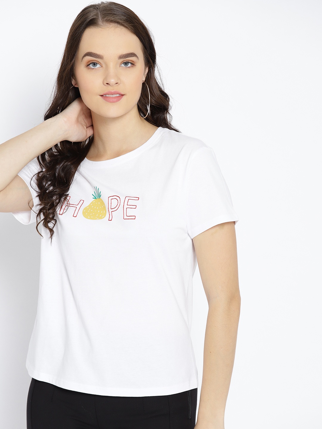 

MANGO Women White Embroidered Detail Round Neck T-shirt