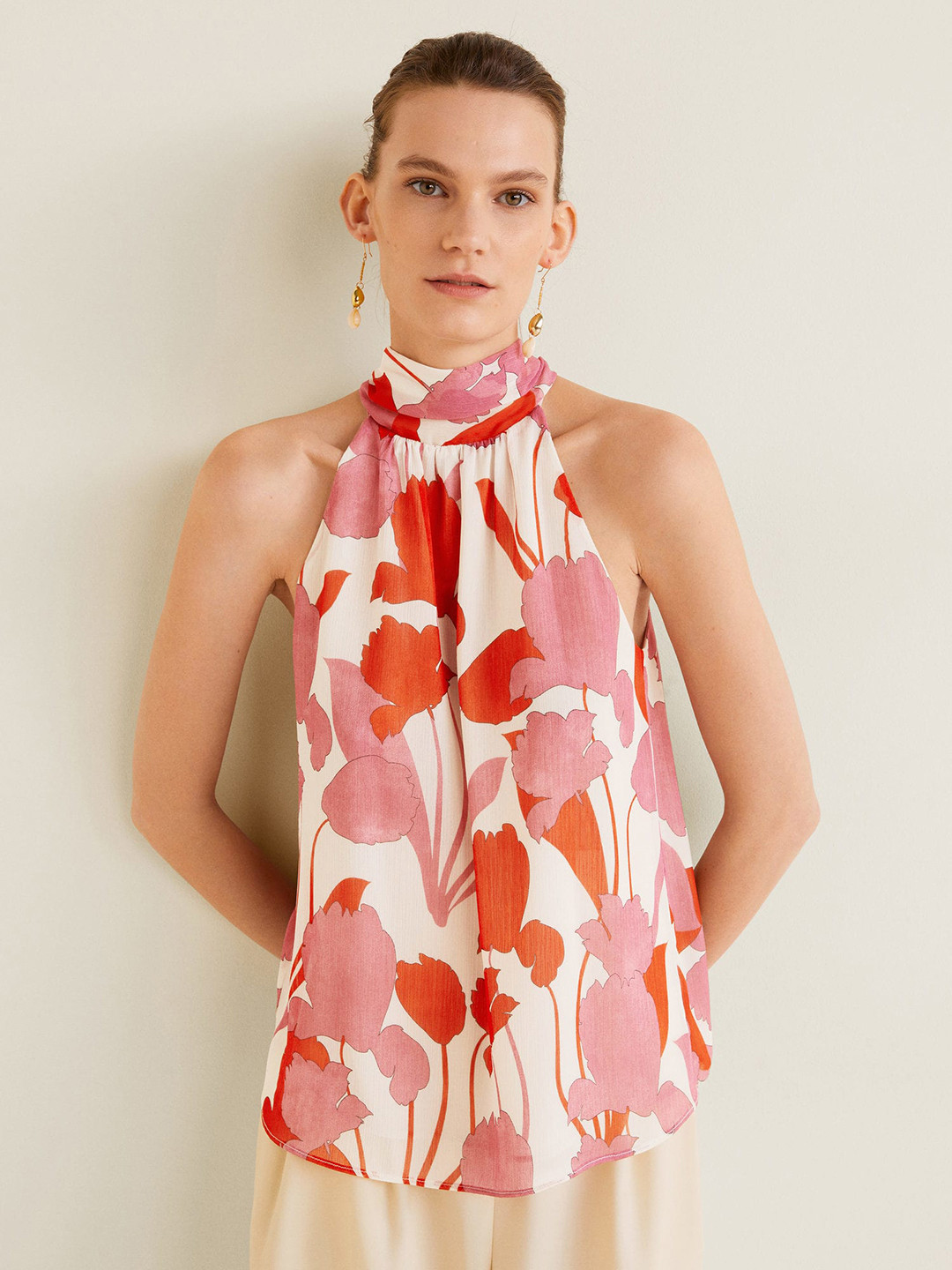 

MANGO Women Off-White & Pink Printed Top