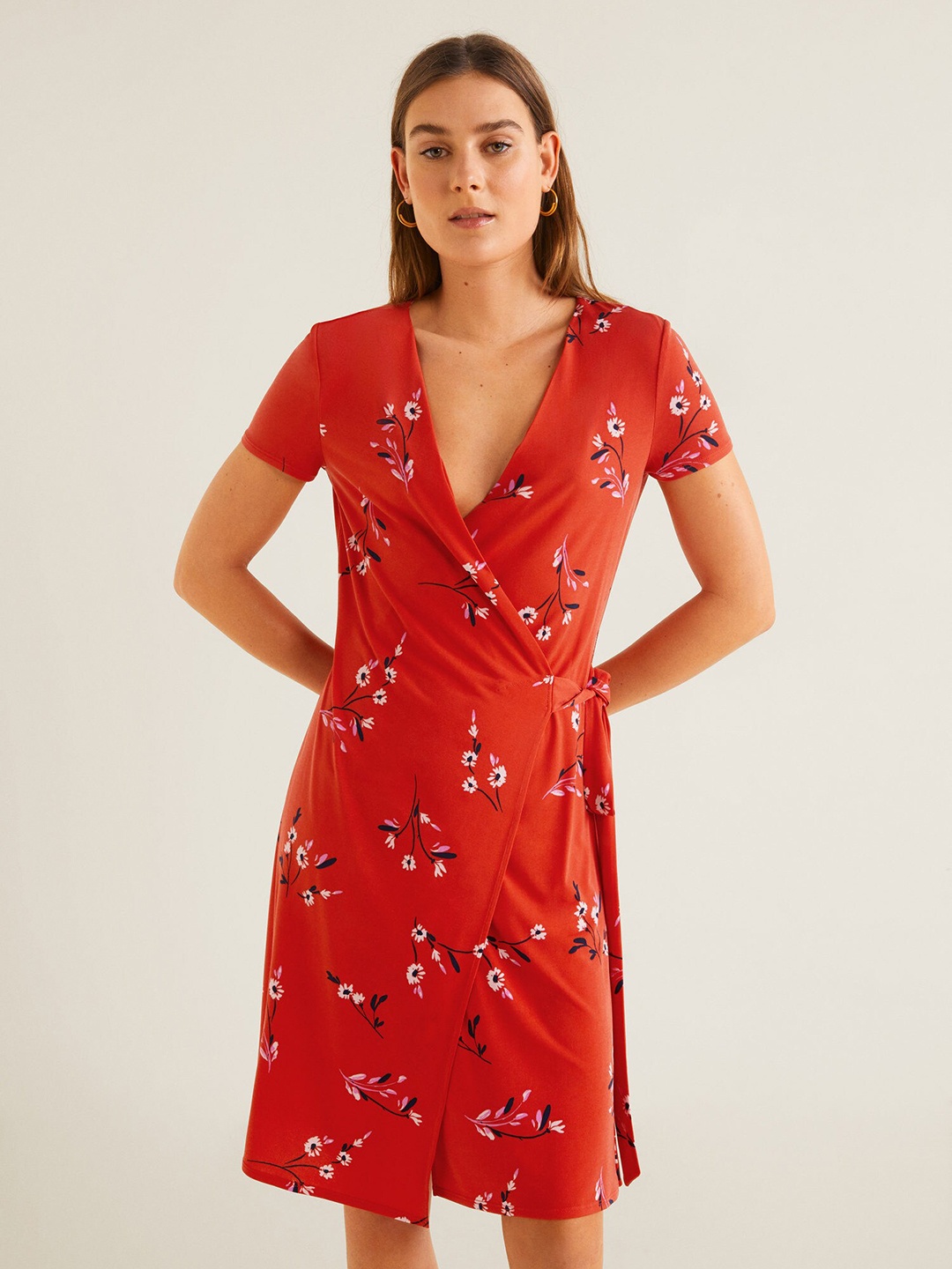 

MANGO Women Coral Orange Printed Wrap Dress