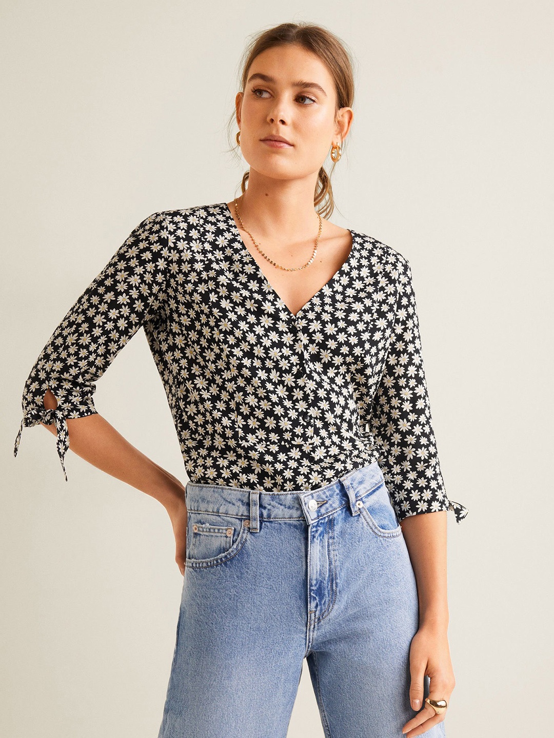

MANGO Women Black & Off-White Printed Top