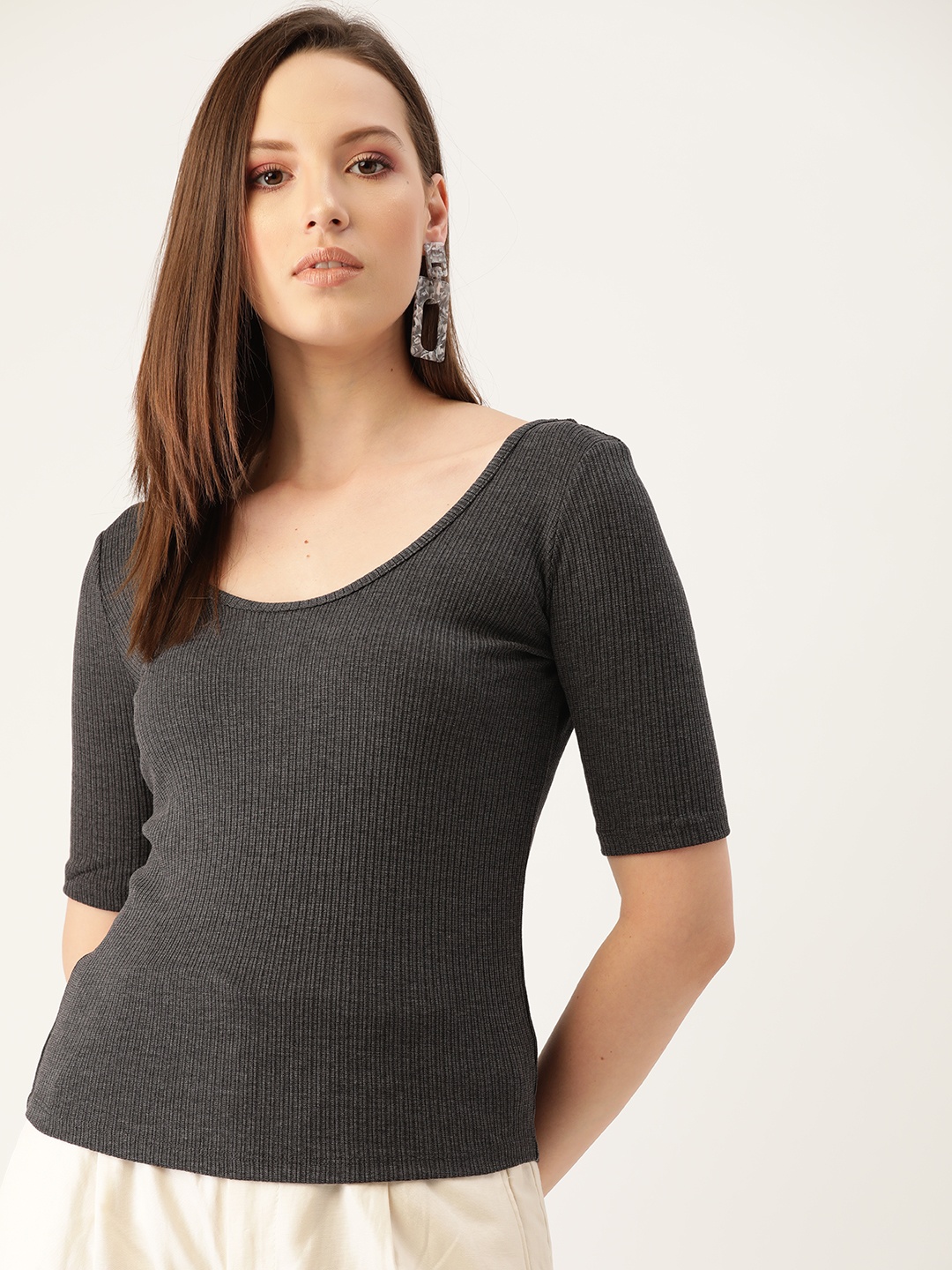 

MANGO Women Charcoal Grey Ribbed Top