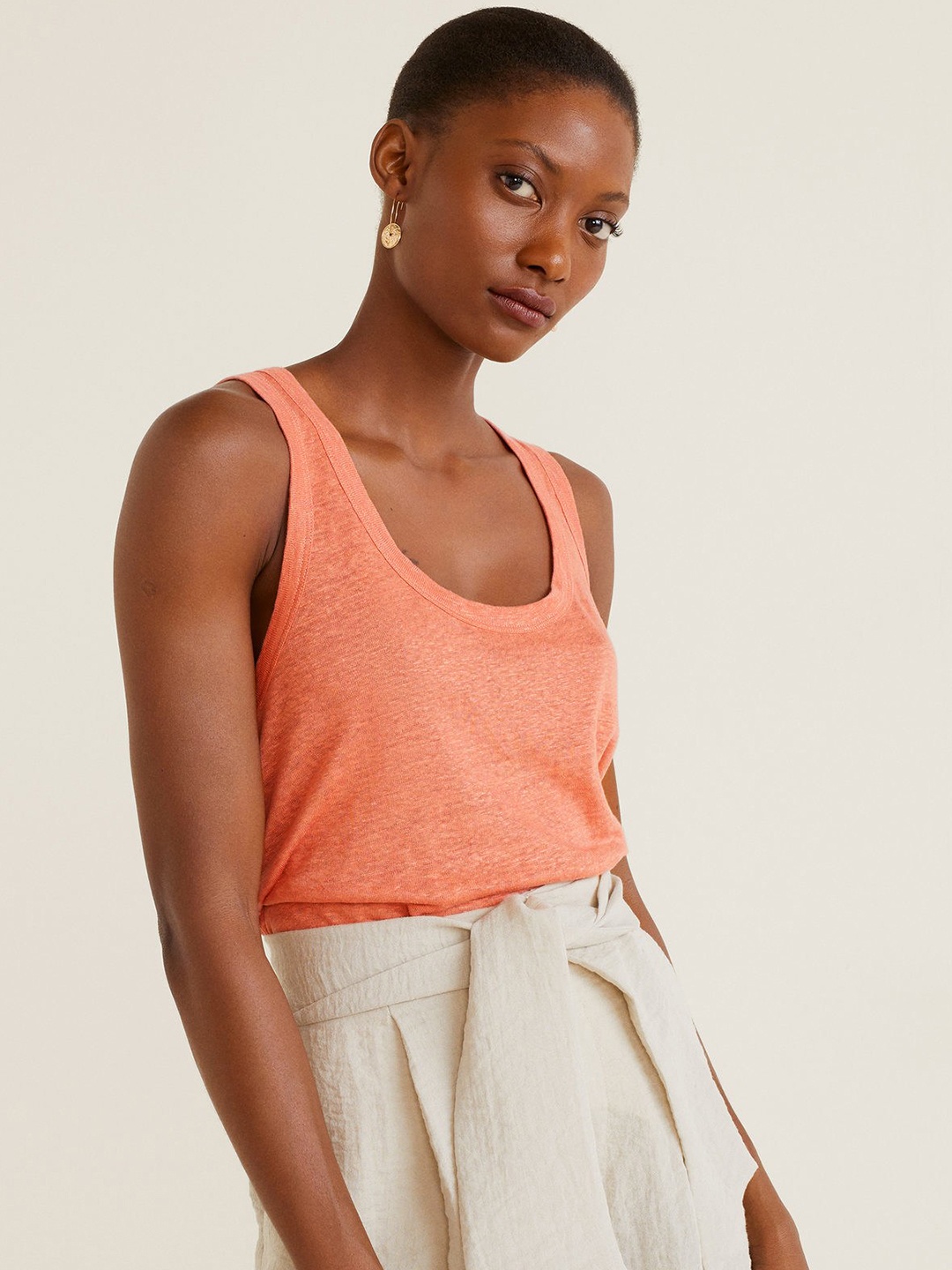 

MANGO Women Peach-Coloured Solid Top