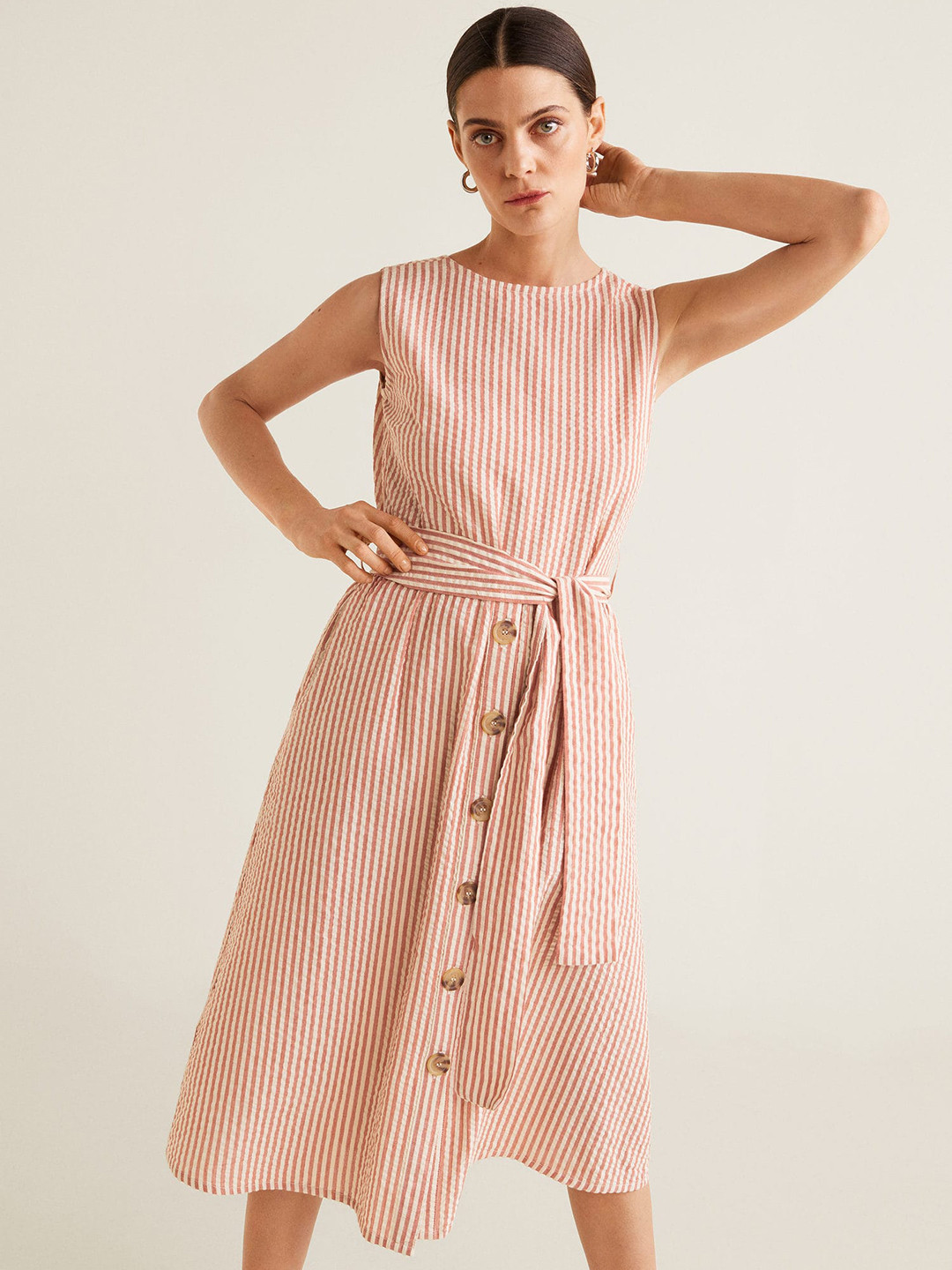 

MANGO Women Beige & Rust Red Striped Fit and Flare Dress