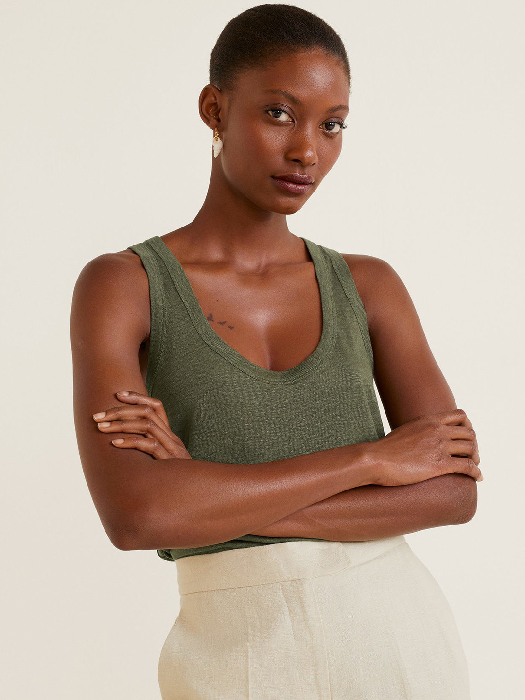 

MANGO Women Olive Green Linen Solid Tank Top