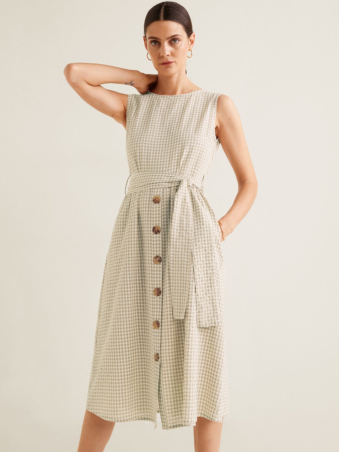 

MANGO Women Beige & Off-White Checked Midi A-Line Dress