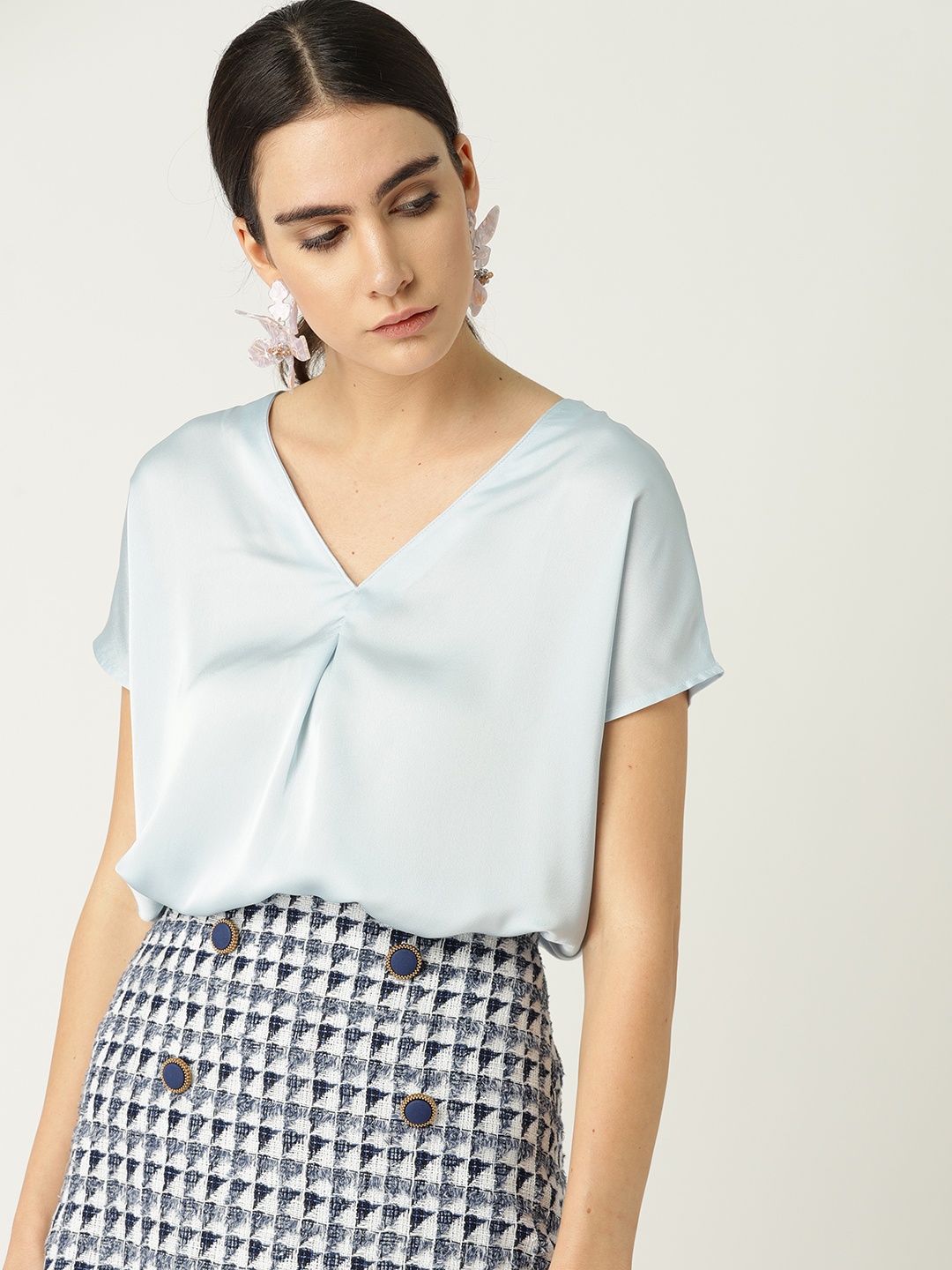 

MANGO Women Blue Solid Boxy Top