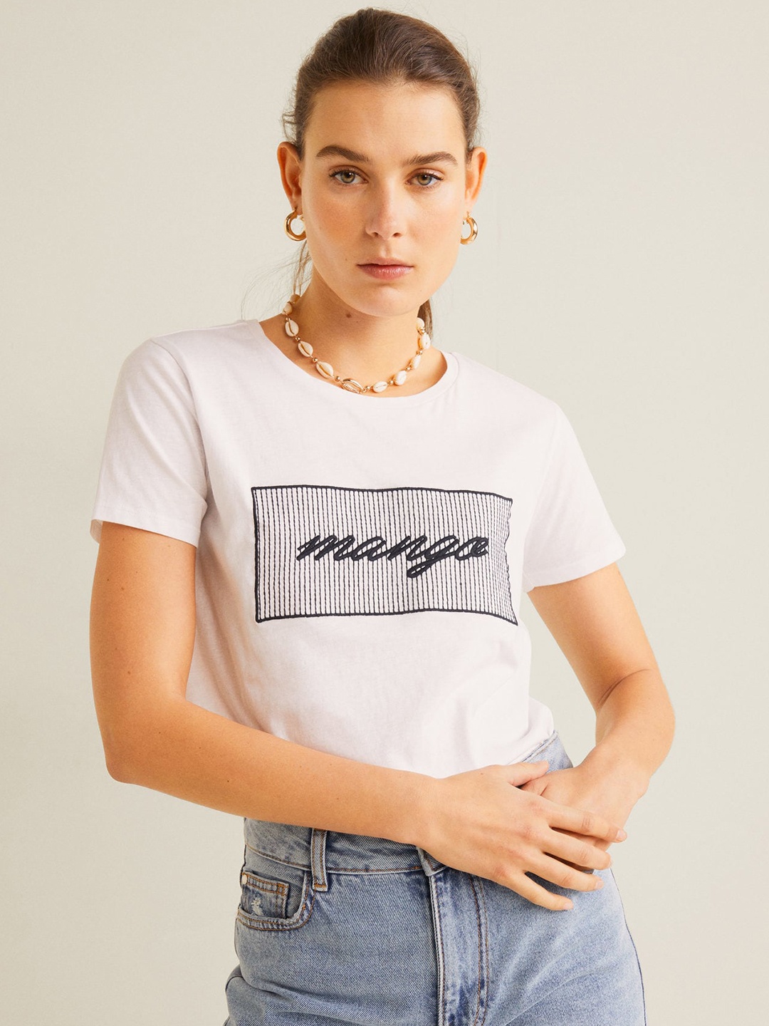 

MANGO Women White Embroidered Round Neck T-shirt